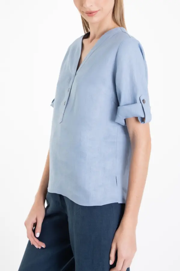 Blusa Linho com Botoes Azul Celeste