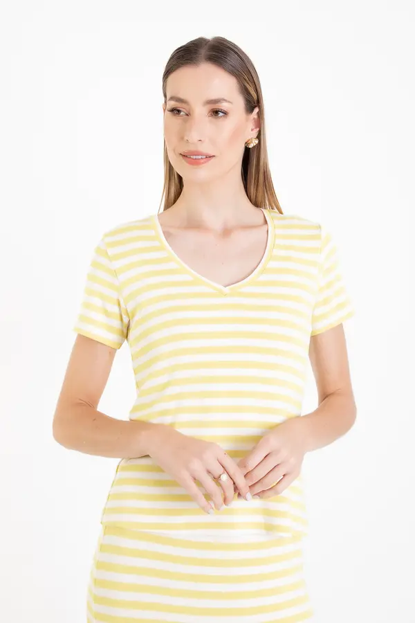 T-shirt Listras Canelada Amarelo/off White