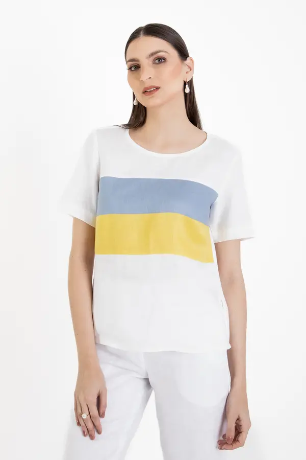 Blusa Colorblock Puro Linho Branco/azul/amarelo