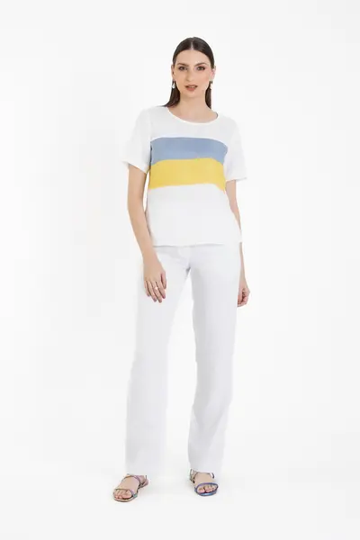 Blusa Colorblock Puro Linho Branco/azul/amarelo