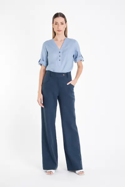 Calca Wide Leg Linho Rustico Navy
