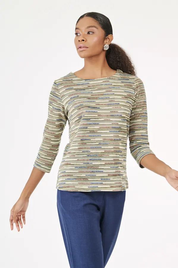 Blusa Decote Redondo Trico Verde/bege