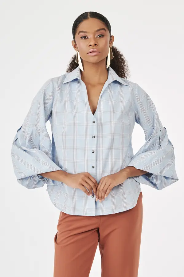 Camisa Manga Oversized Xadrez Azul