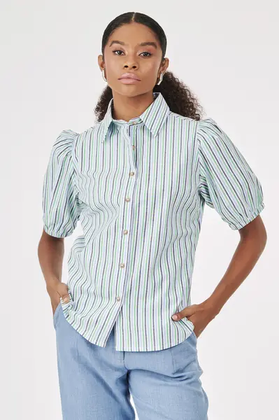 Camisa Listras Mga 3/4 Off/azul/verde