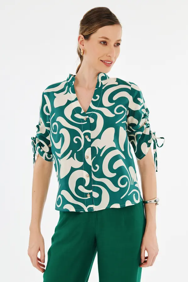 Blusa Botoes Estampa Abstrata Verde/bege