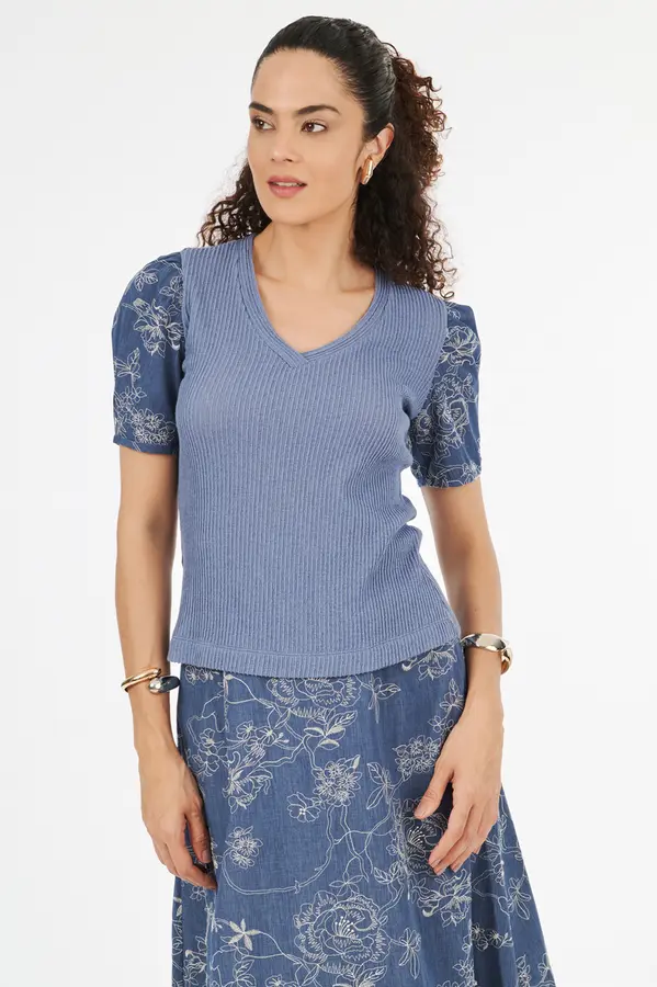 Blusa Cotele Manga Bordada Azul Indigo