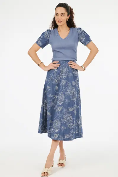 Blusa Cotele Manga Bordada Azul Indigo