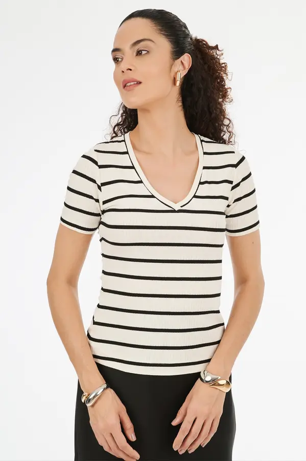 Blusa Dec V Listras Gaultier Off White/preto