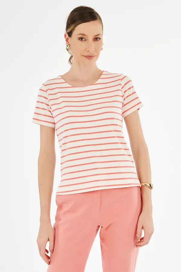 Blusa Crepe Listrado Off White/coral