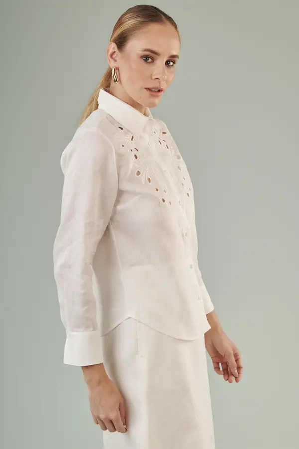 Camisa Linho Bordado Richelieu Off White