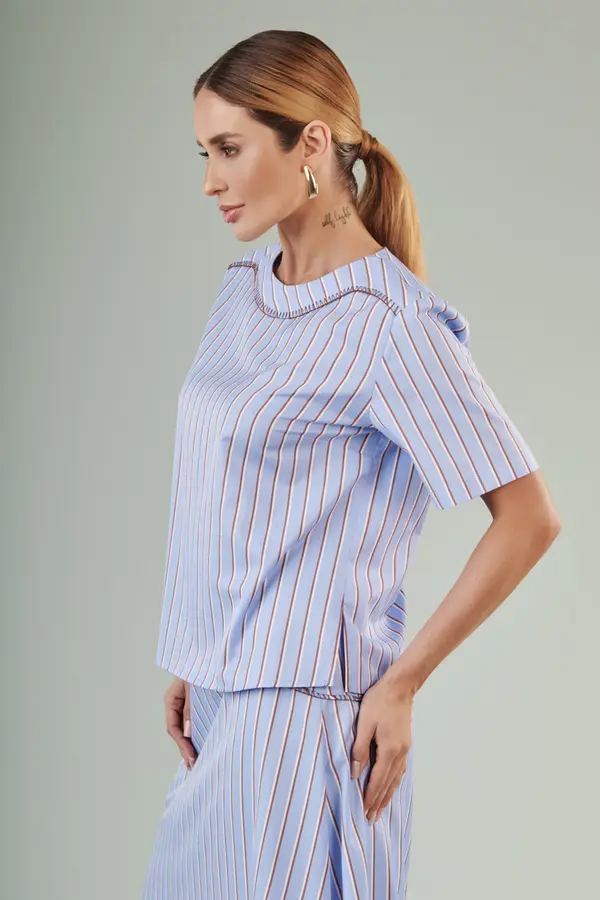 Blusa Mangas Easy Stripe Azul/marrom