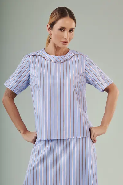 Blusa Mangas Easy Stripe Azul/marrom