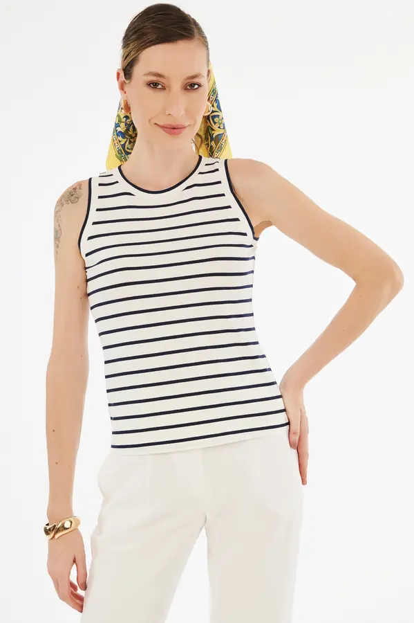 Regata Crepe Listrado Off White/marinho
