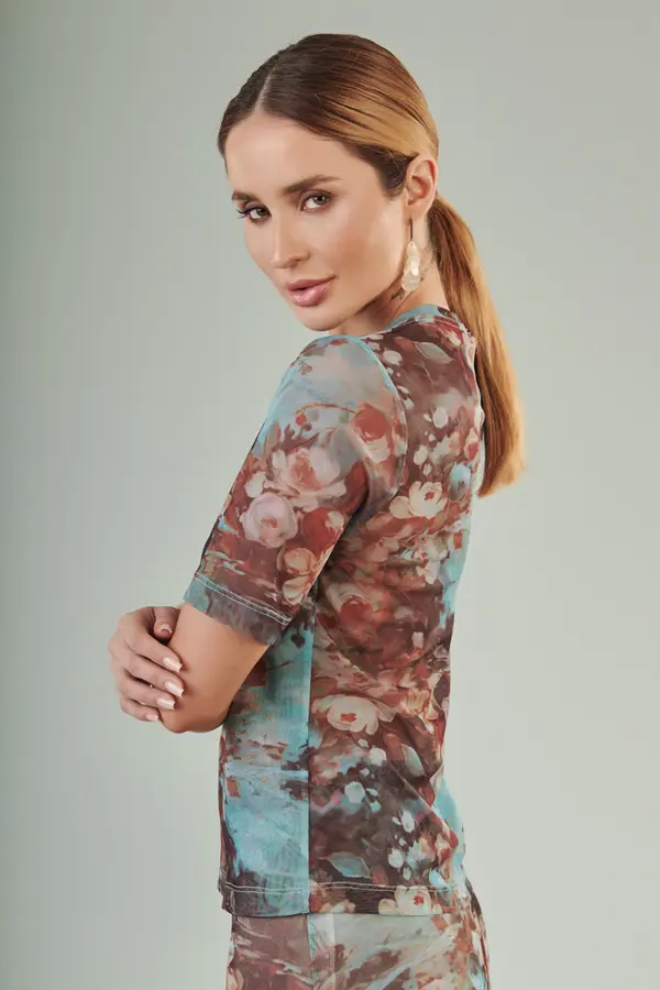 Blusa Tule Acquaflora Azul/marrom