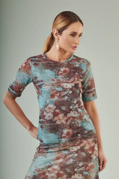 Blusa Tule Acquaflora Azul/marrom