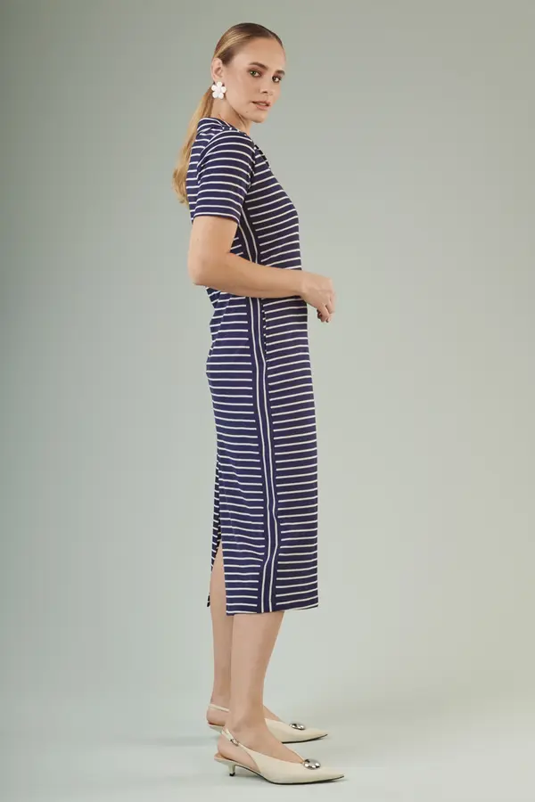Vestido Reto Listras Navy Marinho/branco