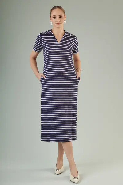Vestido Reto Listras Navy Marinho/branco