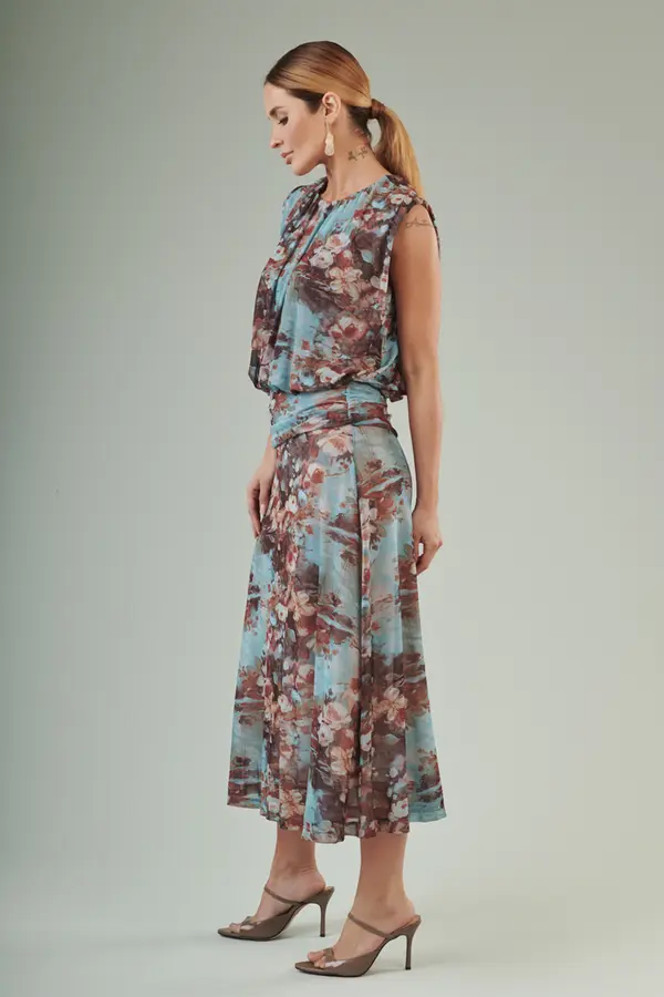 Vestido Tule Acquaflora Azul/marrom