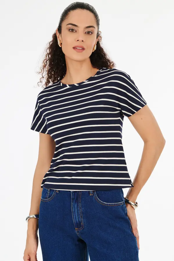 Blusa Listras Decote Vies Off White/marinho