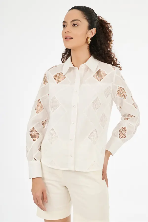 Camisa Algodao Bordado Vazado Off White