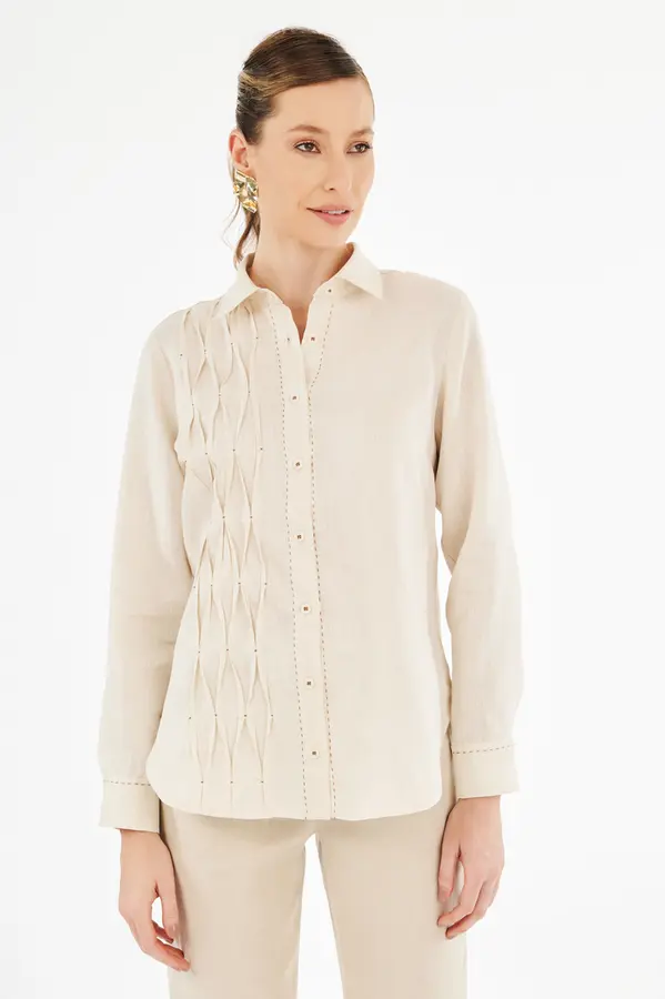 Camisa Linho Detalhe Pregas Natural