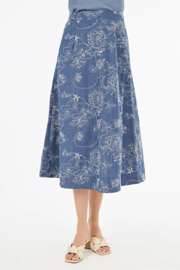 Saia Denim Bordado Denim