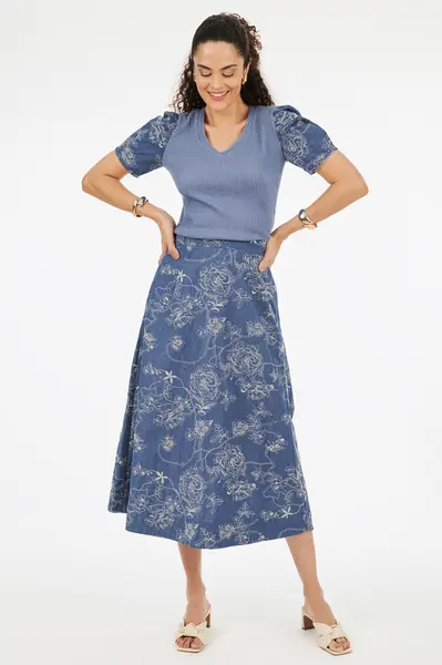 Saia Denim Bordado Denim