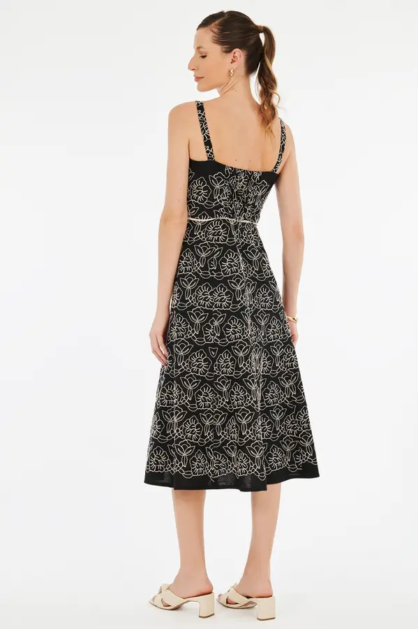 Vestido Linho Bordado Preto/cru