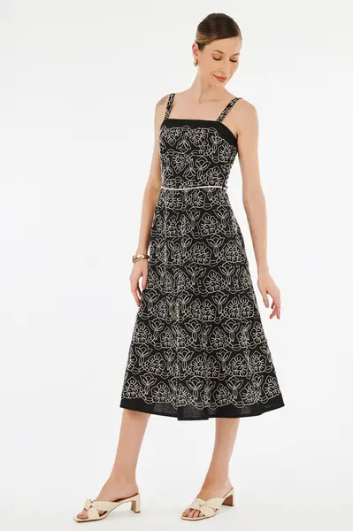 Vestido Linho Bordado Preto/cru