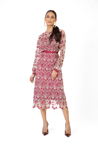 Saia Reta Bordado Floral Burgundy