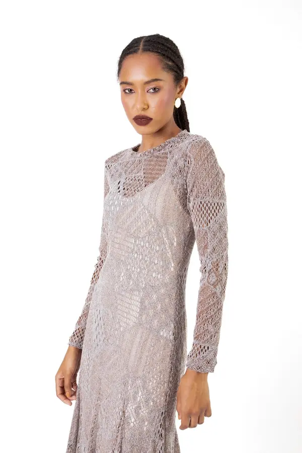 Vestido Crochet New C/ Forro Mescla Marrom