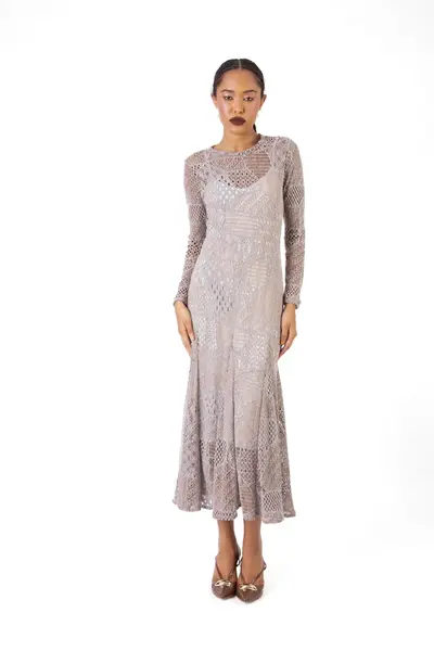 Vestido Crochet New C/ Forro Mescla Marrom