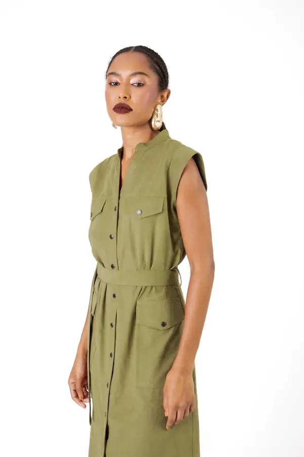 Vestido Chemise Utilitario Verde Botanico