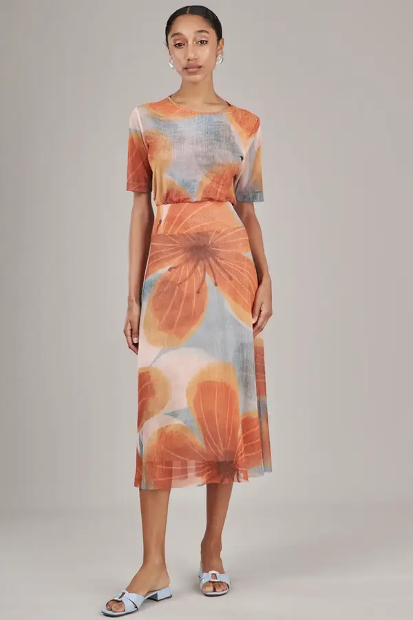 Blusa Tule Maxi Flower Azul/laranja