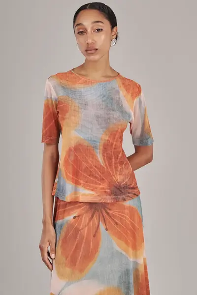 Blusa Tule Maxi Flower Azul/laranja