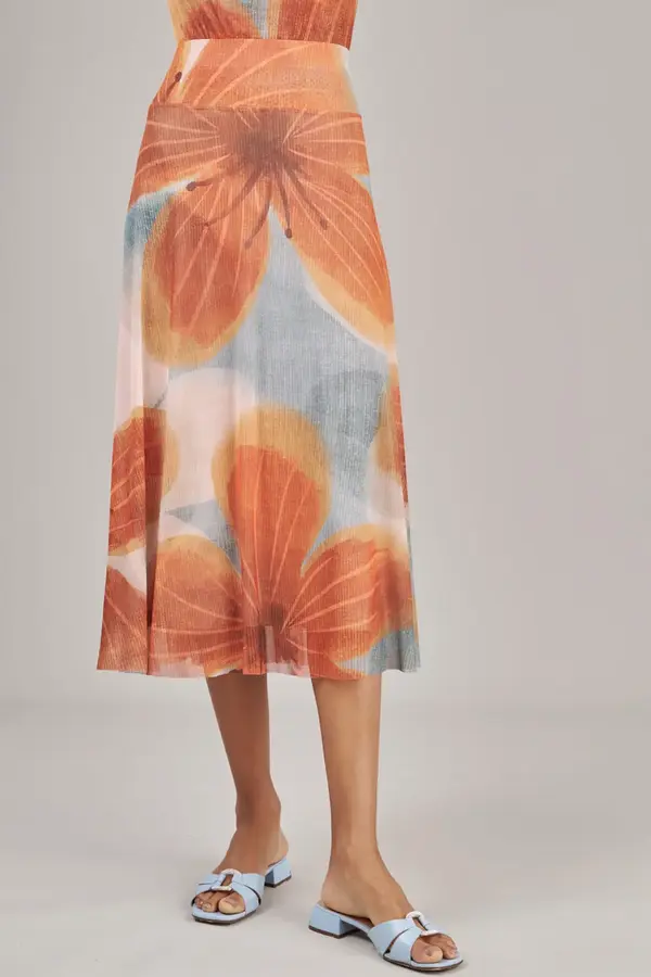 Saia Tule Maxi Flower Azul/laranja