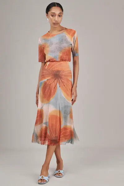 Saia Tule Maxi Flower Azul/laranja