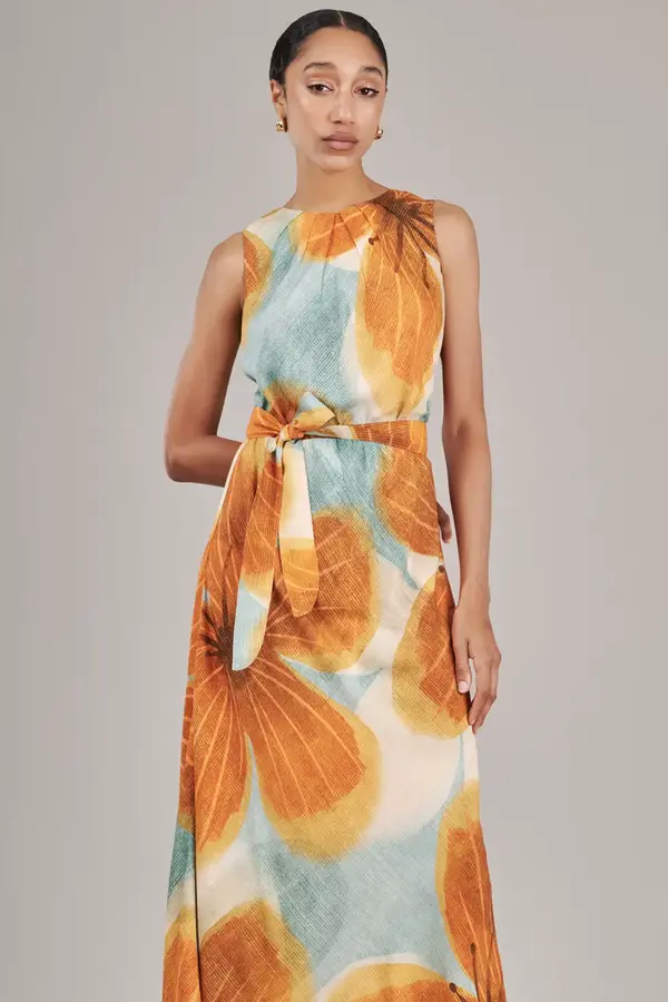 Vestido Maxi Flower Azul/laranja