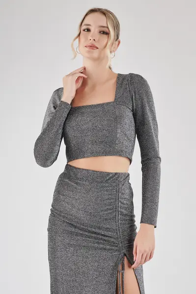 Top Cropped Lurex Prata