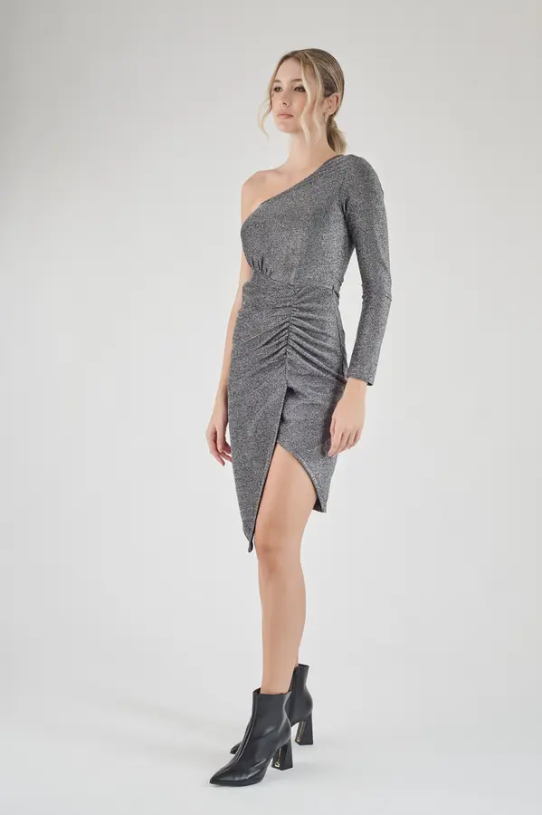 Vestido Assimetrico Lurex Prata
