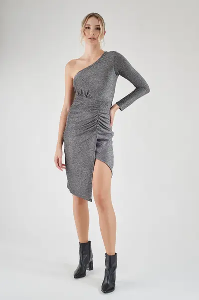 Vestido Assimetrico Lurex Prata