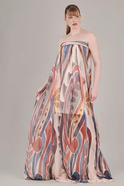 Vestido Tule Maxi Paisley Estampa Pincelada