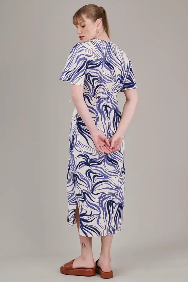 Vestido Crepe Abstract Bege/marinho