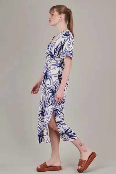 Vestido Crepe Abstract Bege/marinho