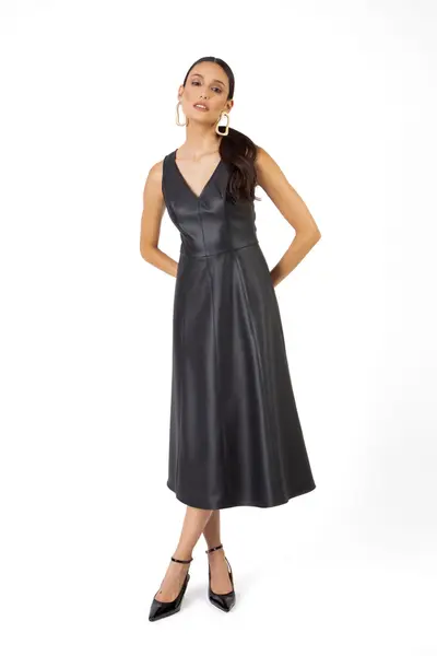 Vestido Visco Pu Recortes Preto