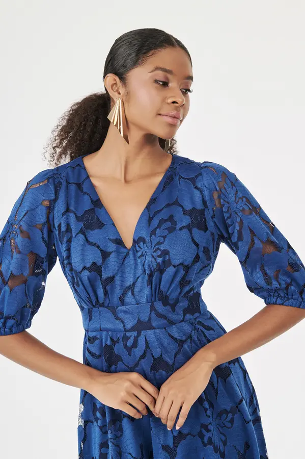 Vestido Longo Renda Floral Azul Noite