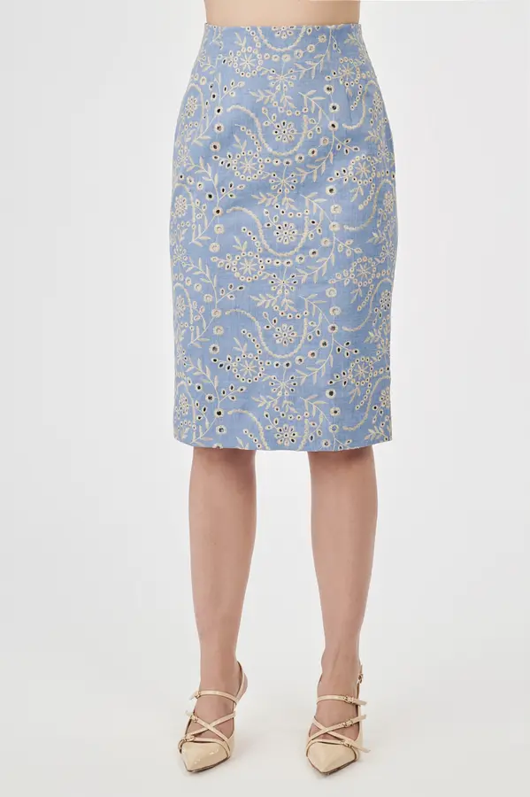 Saia Lapis Denim Bordado Azul/bege