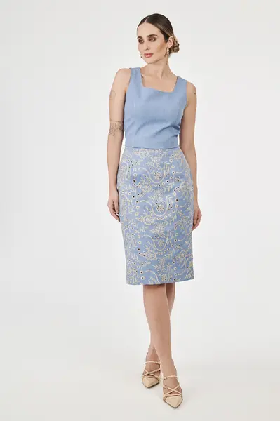 Saia Lapis Denim Bordado Azul/bege