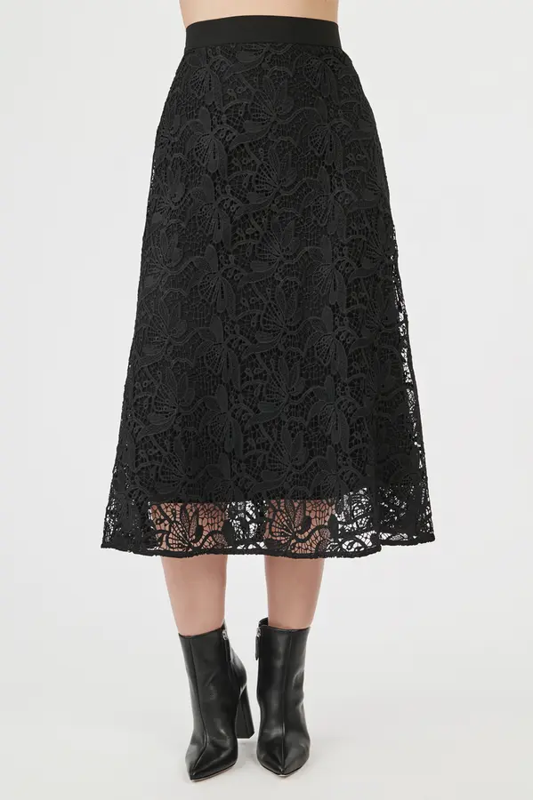 Saia Midi Renda Noite Preto