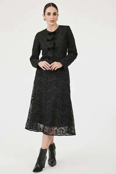 Saia Midi Renda Noite Preto